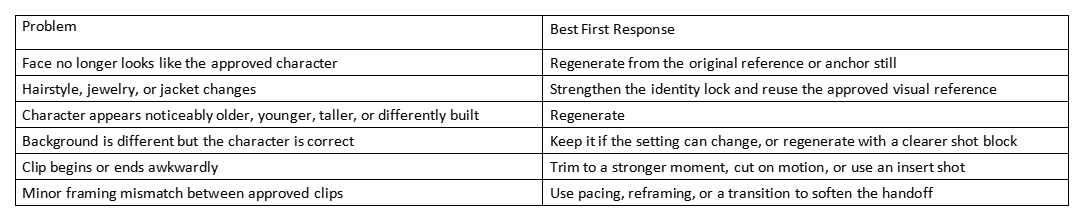 Table listing character consistency problems and best first responses for AI video clips