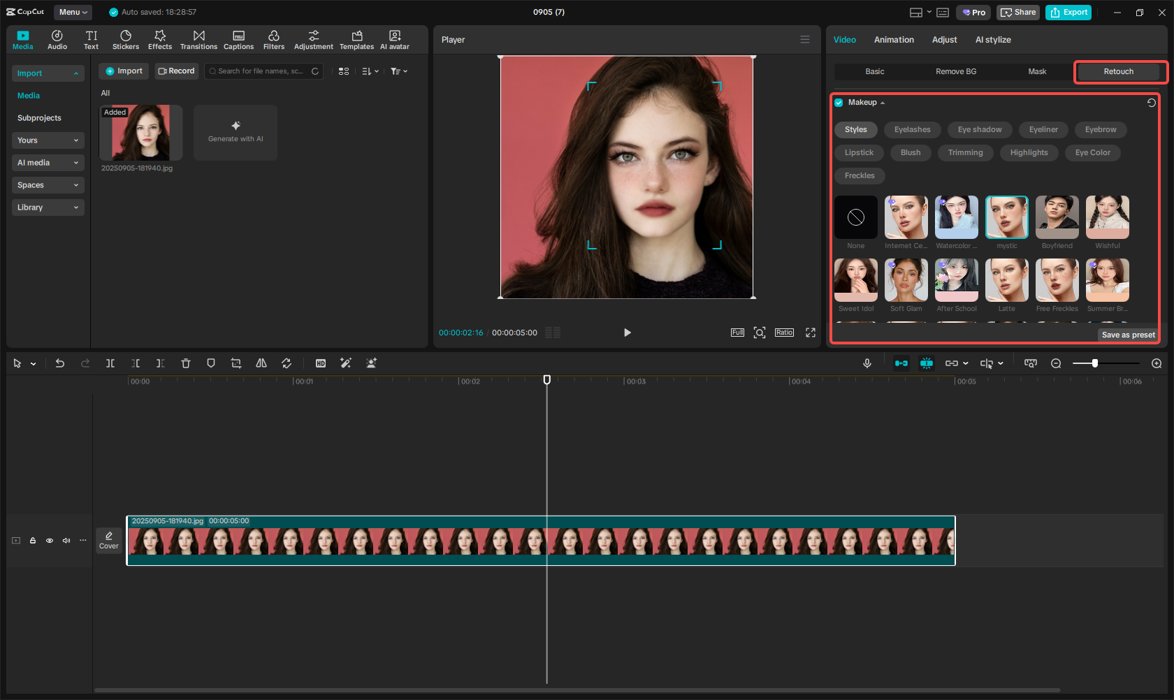 Aggiungere l'effetto trucco a un'immagine in CapCut