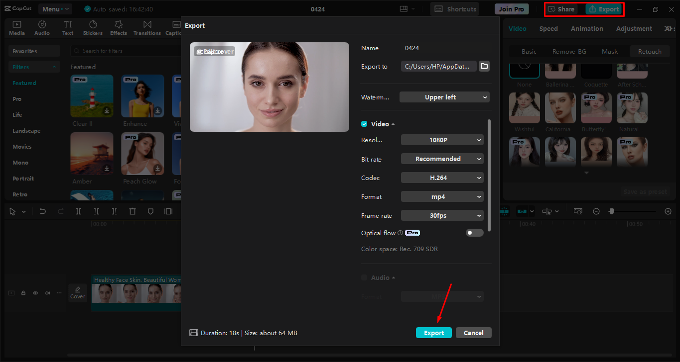 Esporta video nell' CapCut editor video desktop