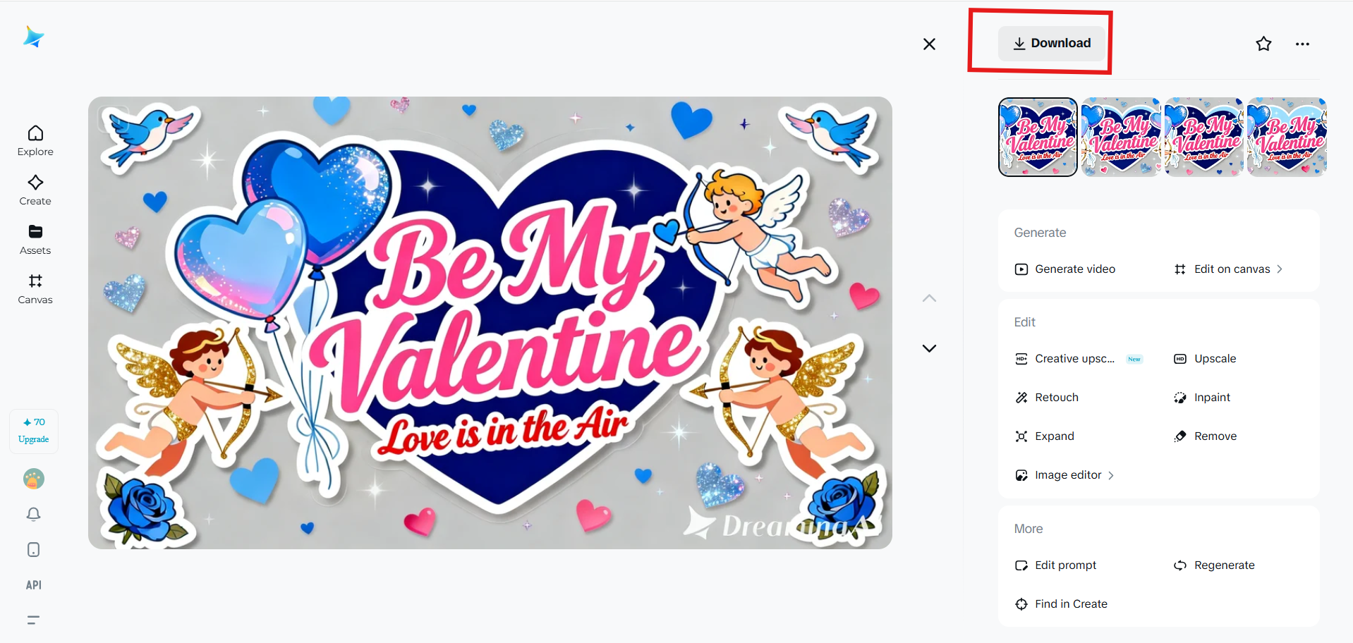 Downloading a high-resolution Valentine sticker from Dreamina