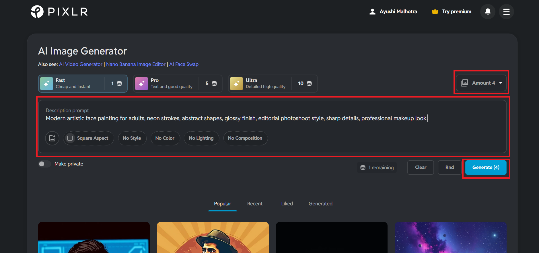Enter your prompt and choose settings