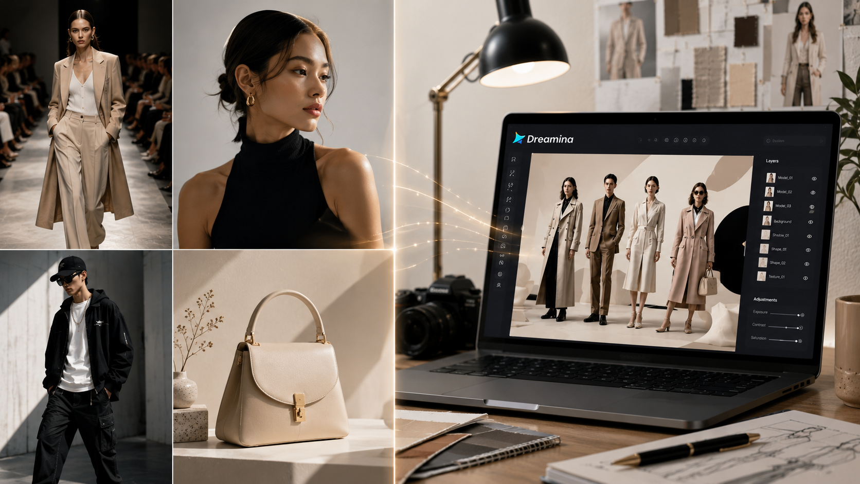 Fashion moodboard e spazio di lavoro creativo alimentato dall'intelligenza artificiale per la generazione di fotografie di moda di lusso, con look editoriali in passerella, ritratti in studio minimalisti, styling di moda e-commerce.