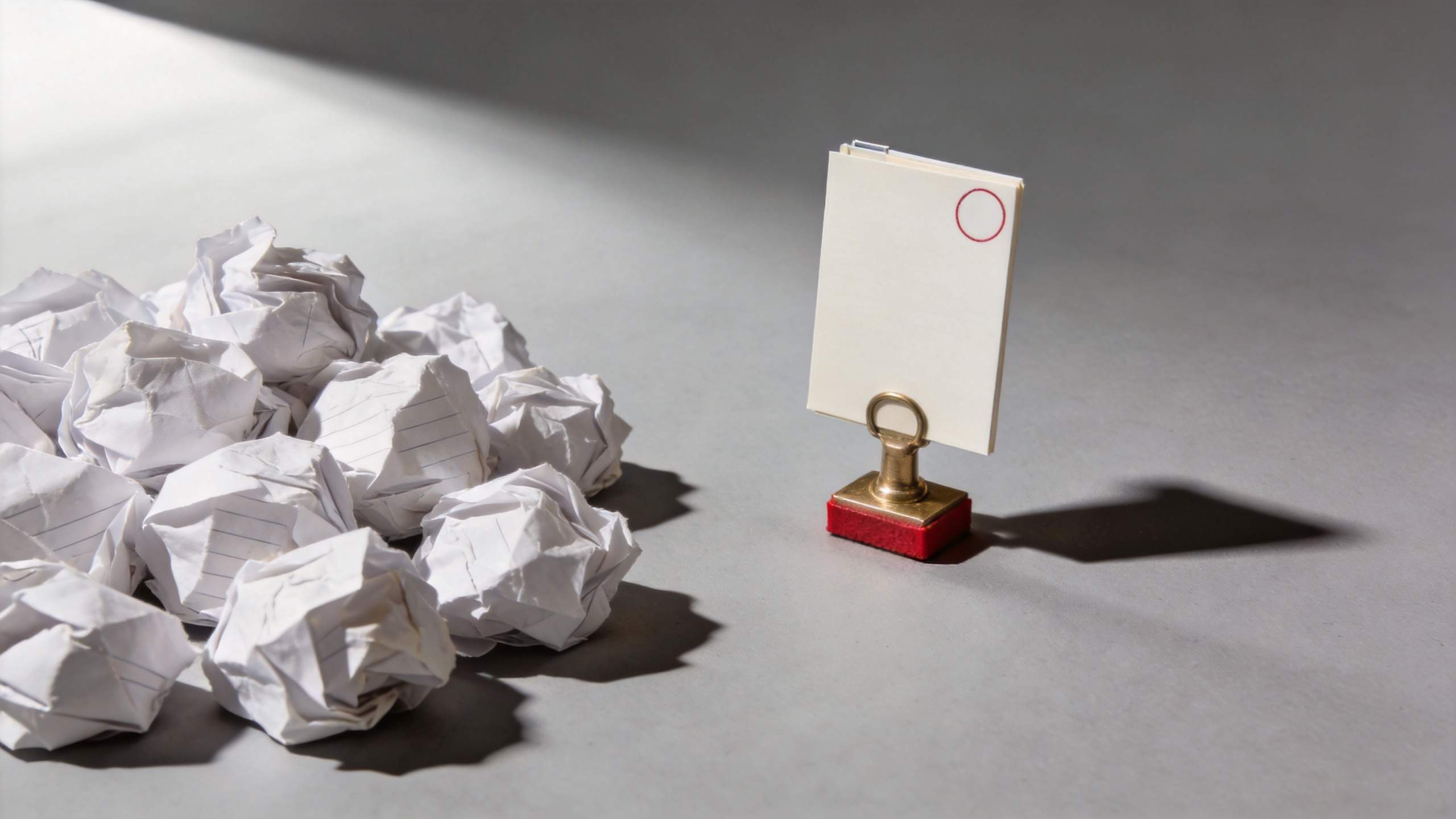 Pile of crumpled paper beside a blank card on a stand
