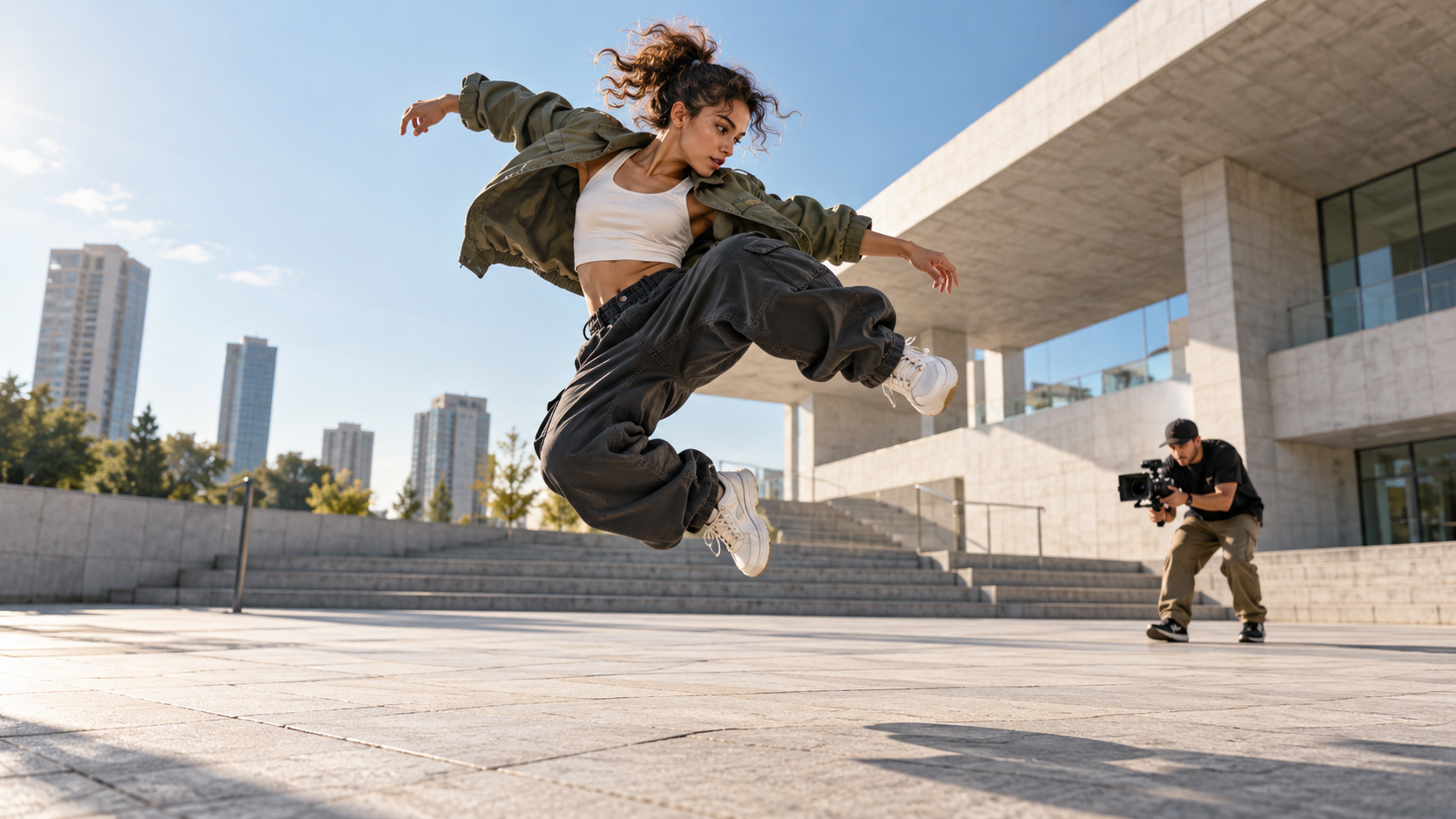 Street dancer captured mid-air while a filmmaker tracks the movement