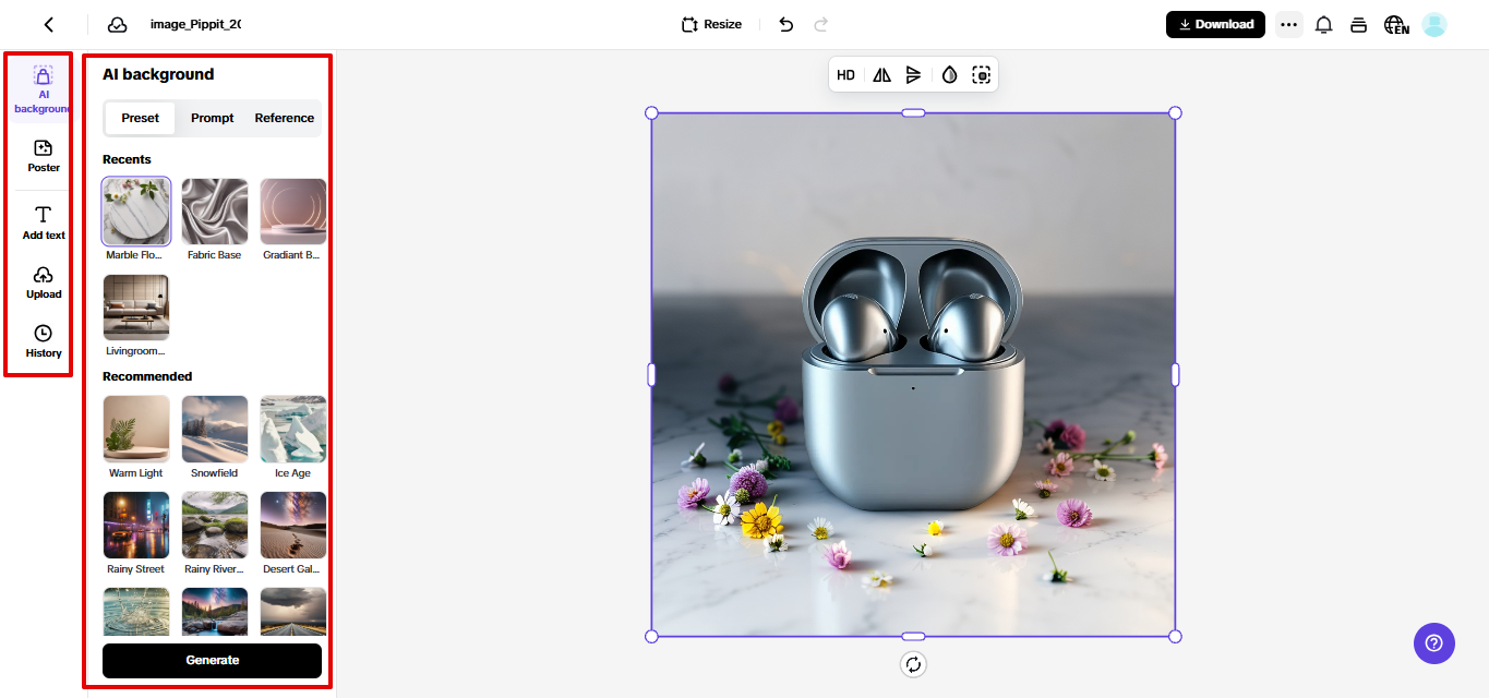 Creating product image in Pippit