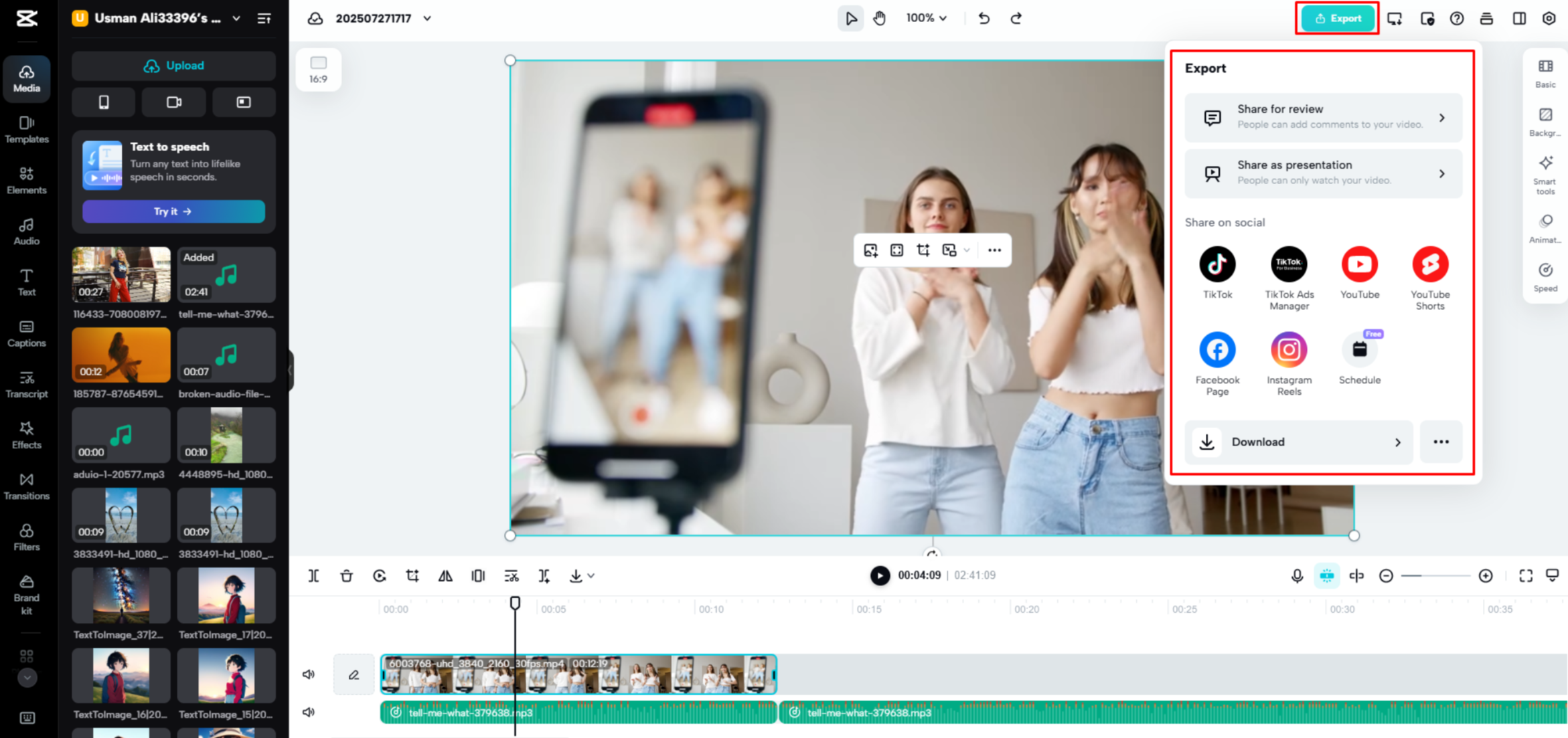 Exportando o áudio aparado do CapCut Web