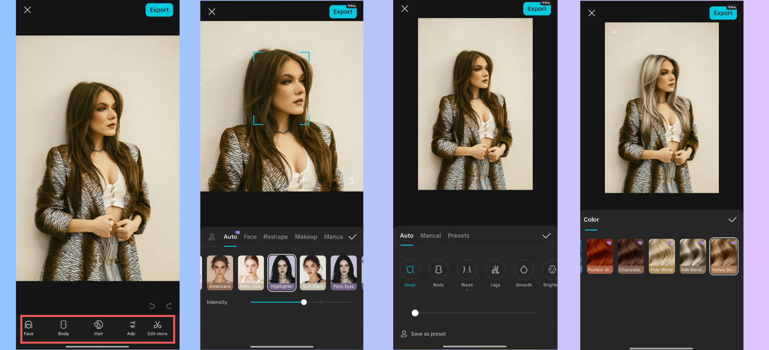 Verbessern Sie Ihr Porträt mit den Werkzeugen aus der unteren Leiste.