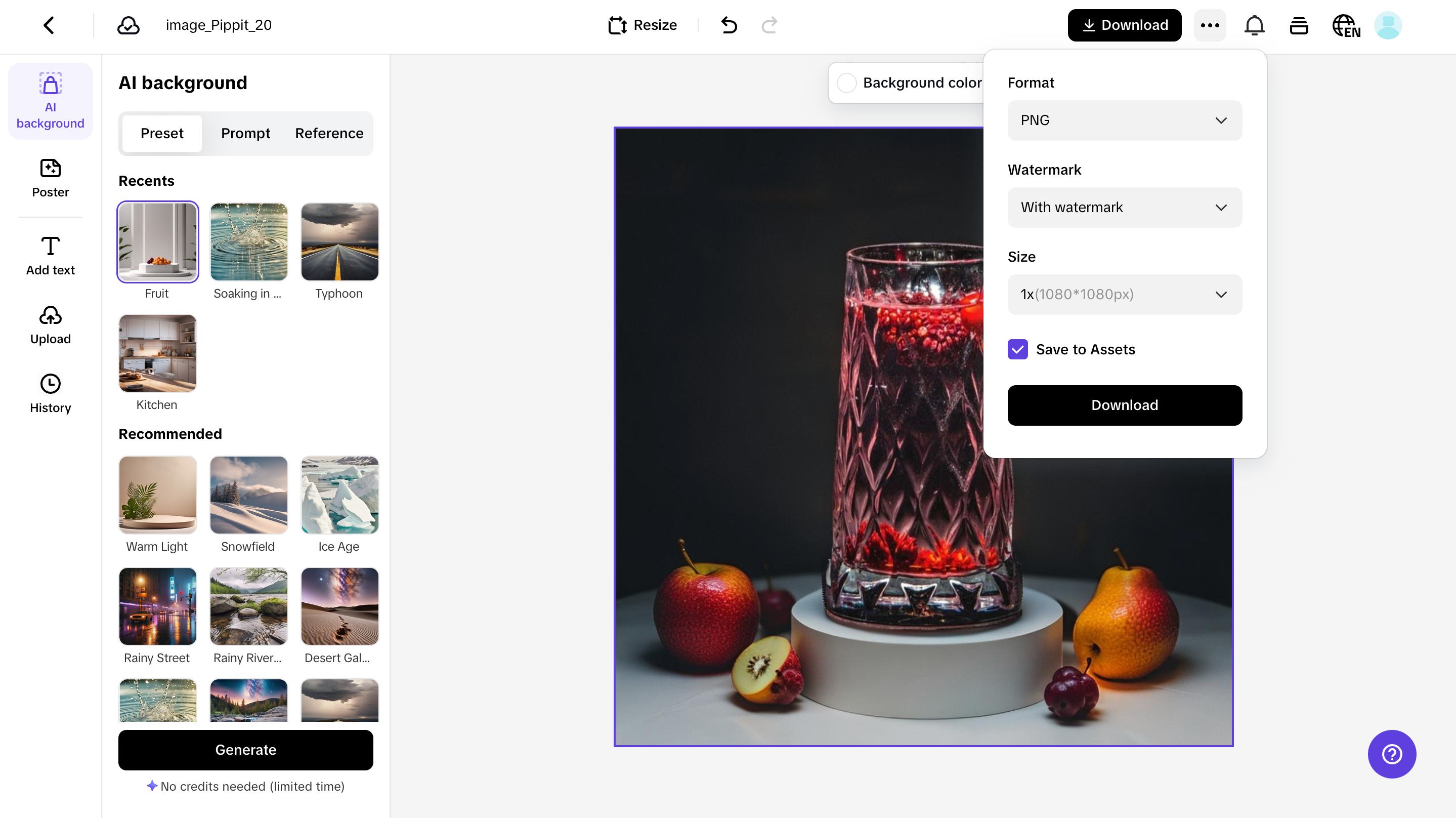 exporting product image from Pippit