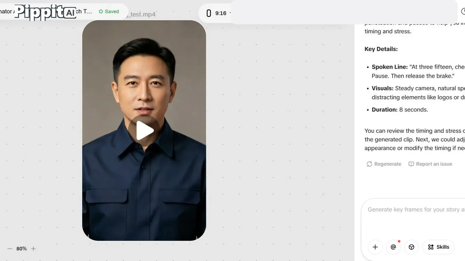 AI avatar video preview of a man in a navy shirt with a play button overlay