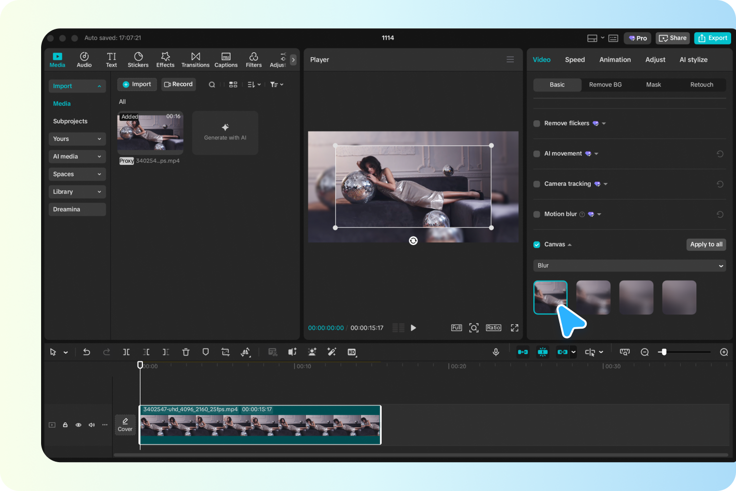 Changing video background in CapCut using the Remove BG tool