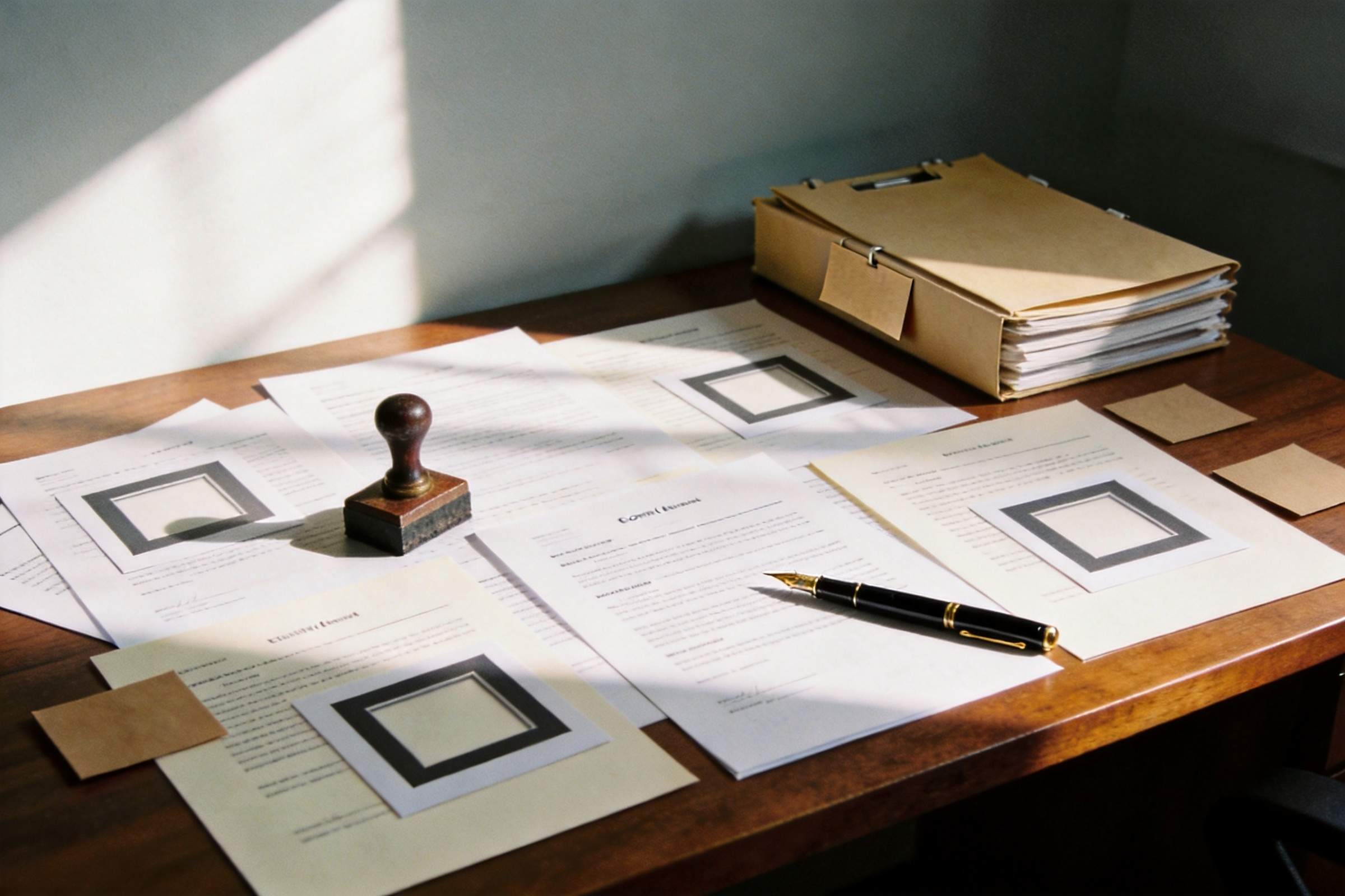 Desk covered with legal documents, a stamp, a pen, and a file folder in sunlight
