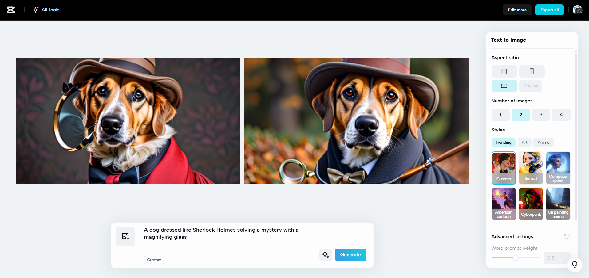 Oberfläche von CapCut Web – eine benutzerfreundliche Möglichkeit, lustige KI-Bilder zu erstellen