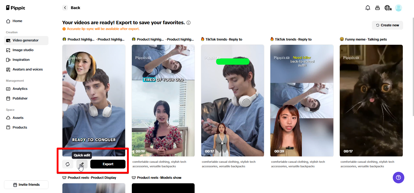 Exporting video from Pippit