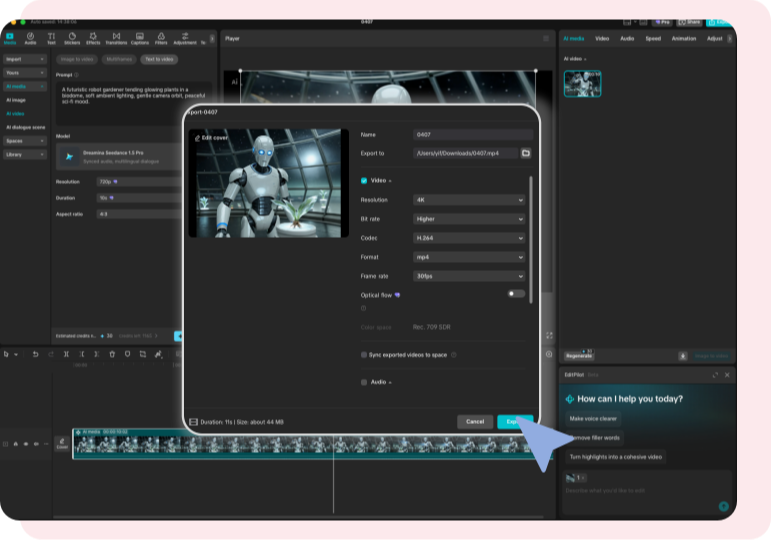 비디오 생성, 편집 및 내보내기