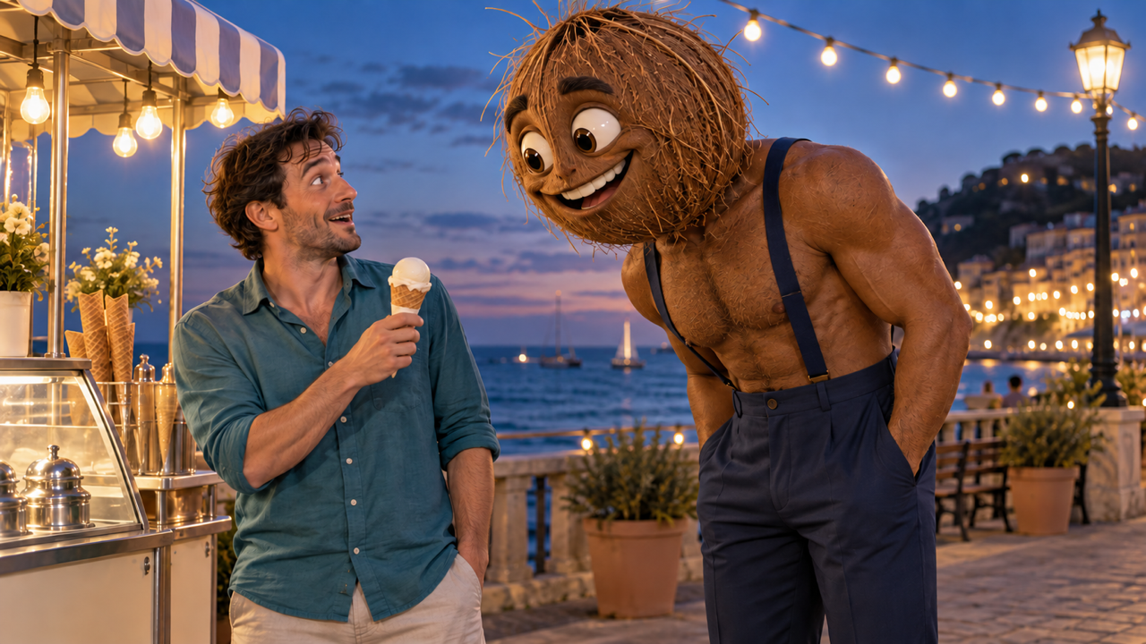 Illustrative rivelano keyframe, non un risultato video testato: uomo adulto in camicia verde acqua che tiene il cono di vaniglia vicino al carretto dei gelati sul lungomare dell'ora blu; personaggio alto e muscoloso con la testa di cocco in pantaloni blu che si sporge curiosamente verso il cono con mani rilassate; sorriso giocoso e luci calde della stringa, paesaggio 16: 9.