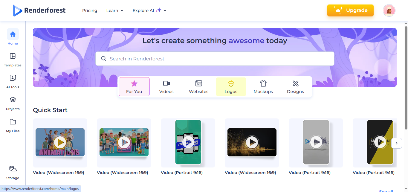 The interface of Renderforest - a free AI intro maker