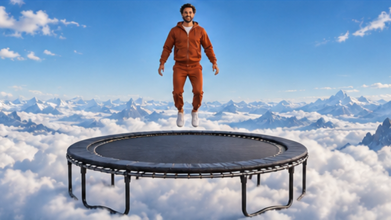 16: 9 premium filmfantasi fotografi, original vuxen man rost träningsoverall hela kroppen svävar strax ovanför mitten av full träkol-trampolin, hela runda nätfjädrar och stödram synlig upphängd i omöjlig blå himmel, avlägsna bergstoppar genom nedre moln, skarpt eftermiddagsljus, avslappnade armar, gott om utrymme, sammanhängande anatomi, ingen text eller logotyp.