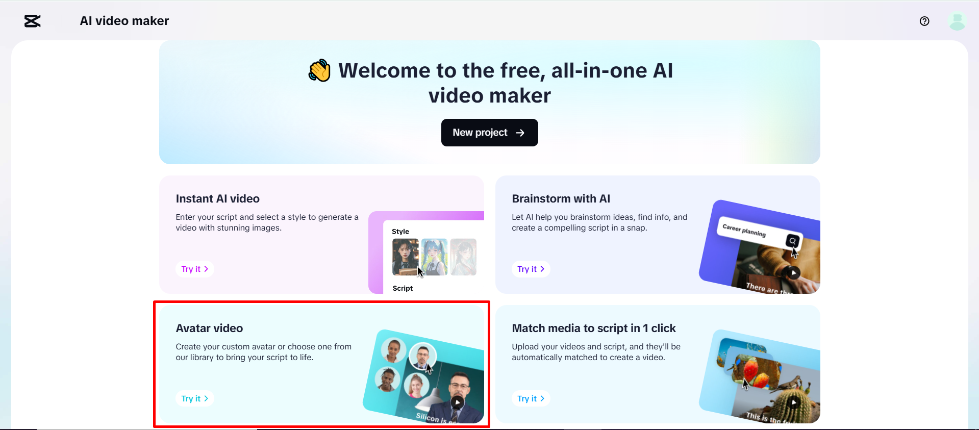 Accesarea opțiunii „Avatar video” pe CapCut Web