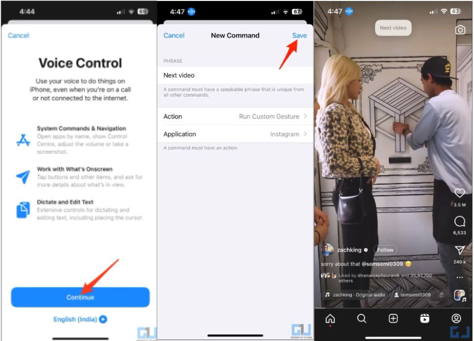 Mostrando come fare scorrimento automatico delle bobine di Instagram con controllo vocale