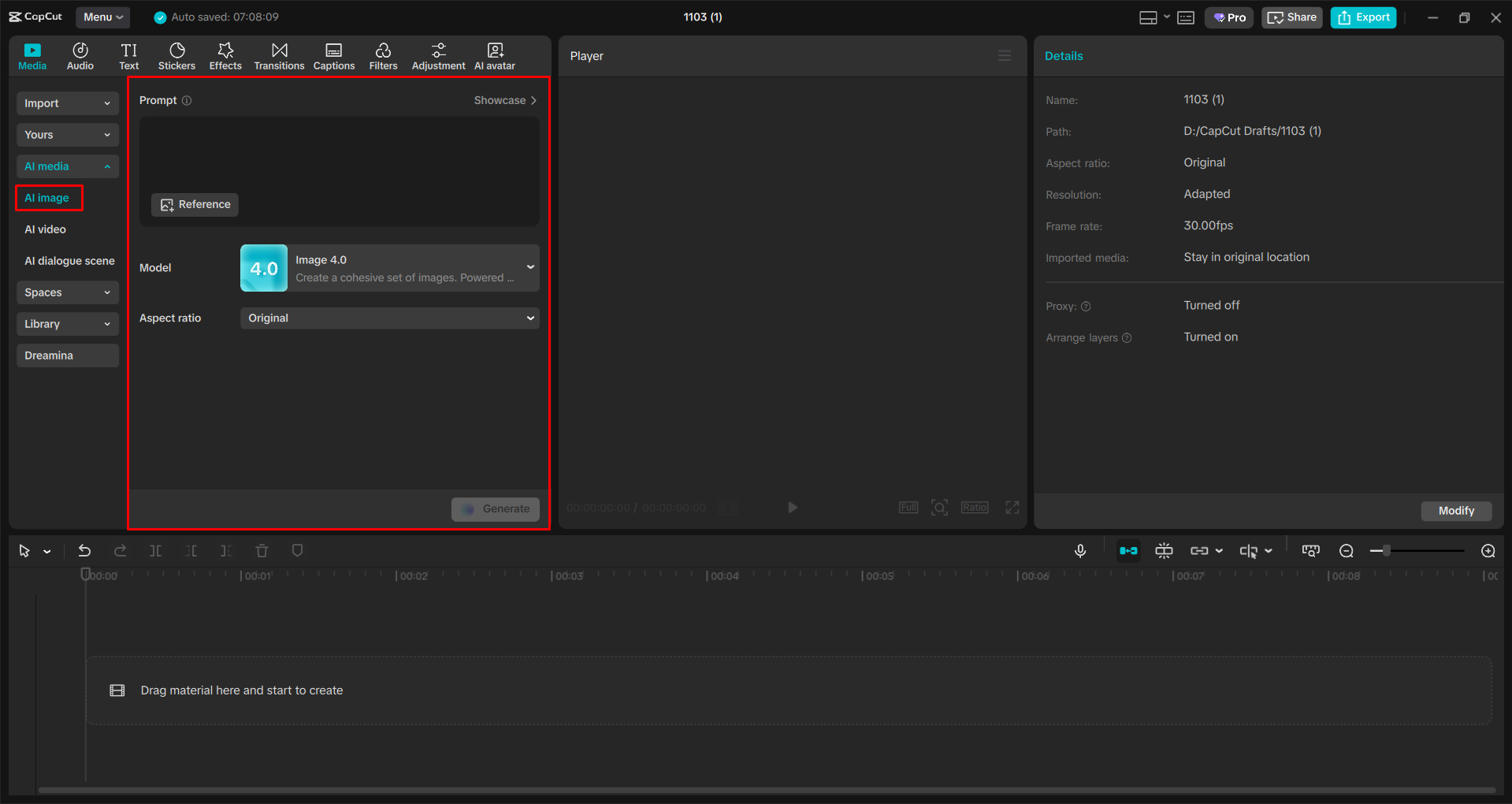Accessing the AI image tool in the CapCut desktop video editor