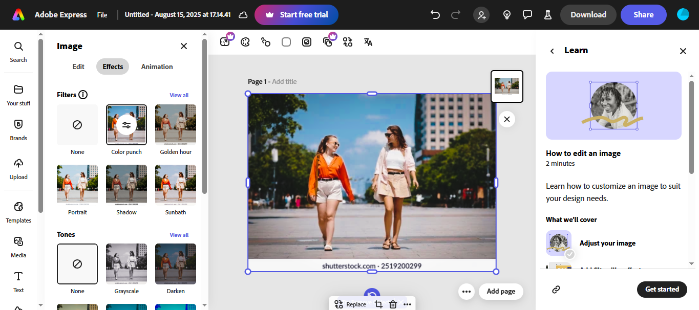 Interface of Adobe Express - a reliable tool to get free Snapchat filters