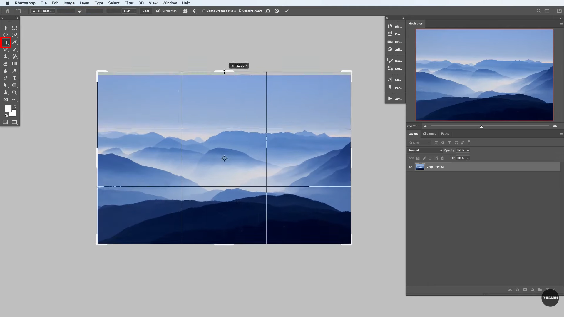 Selecting the crop tool in Photoshop