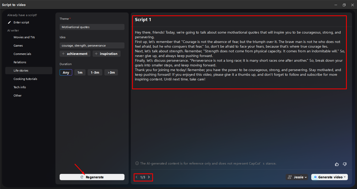 Generating the final story using CapCut's AI storyline generator