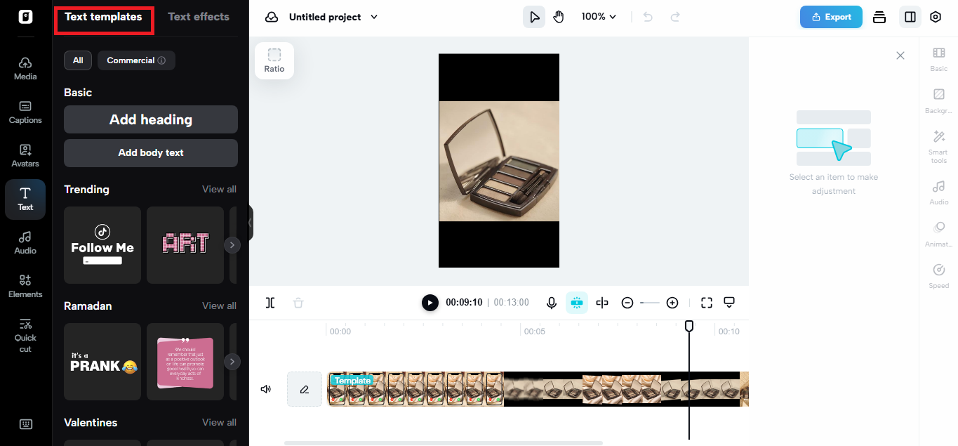Text templates are available in Pippit's video editor