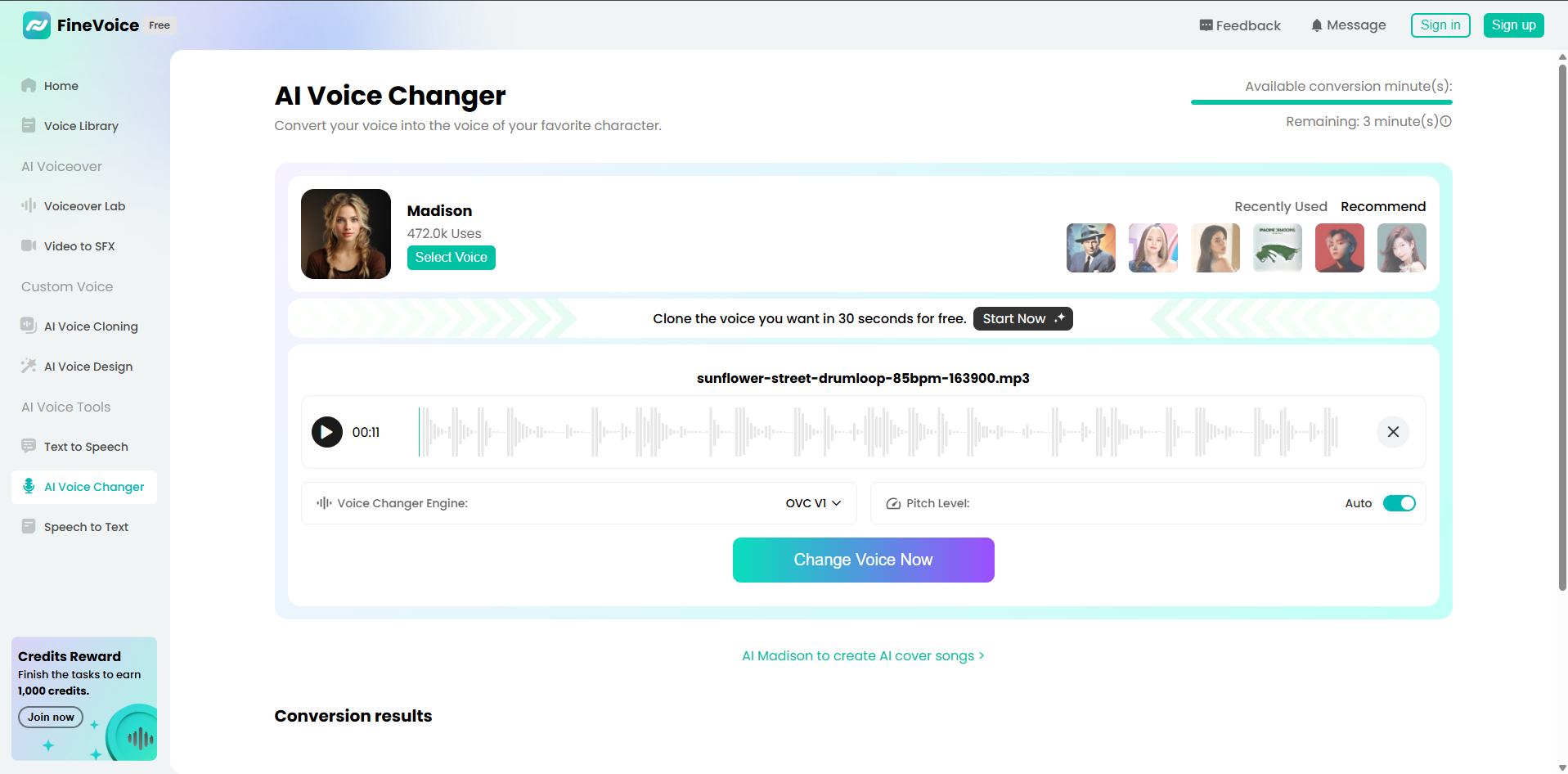 Interface of Finevoice - an efficient boy to girl voice changer