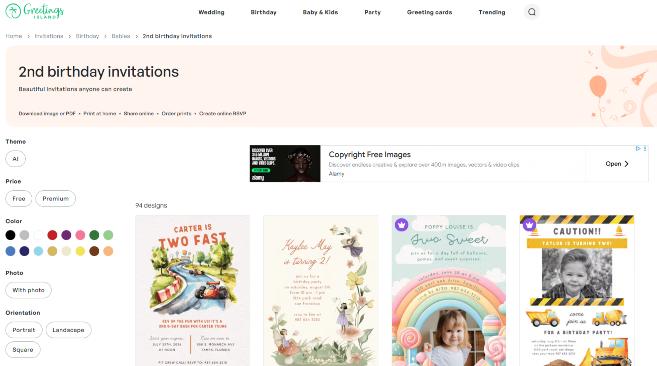 Interface of Greetings Island - a site with diverse birthday invite backgrounds