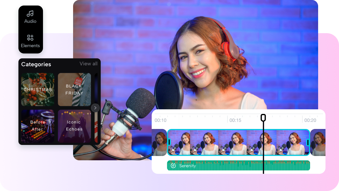 description=The Pippit multi-track video editor interface, showing an image on one track, a voiceover on another, and music on a third track.
