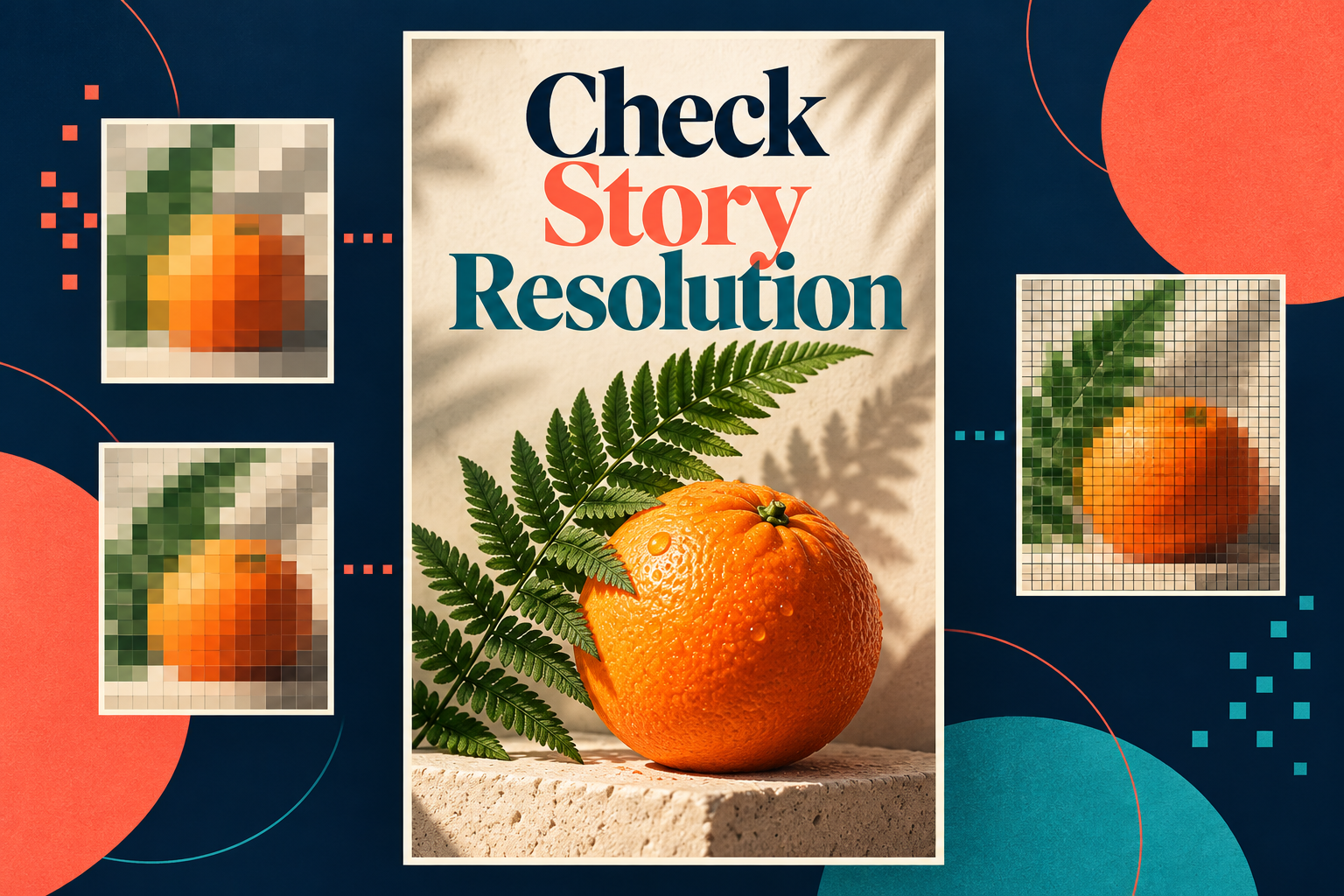 Check Story Resolution above an orange and fern with pixel-grid details