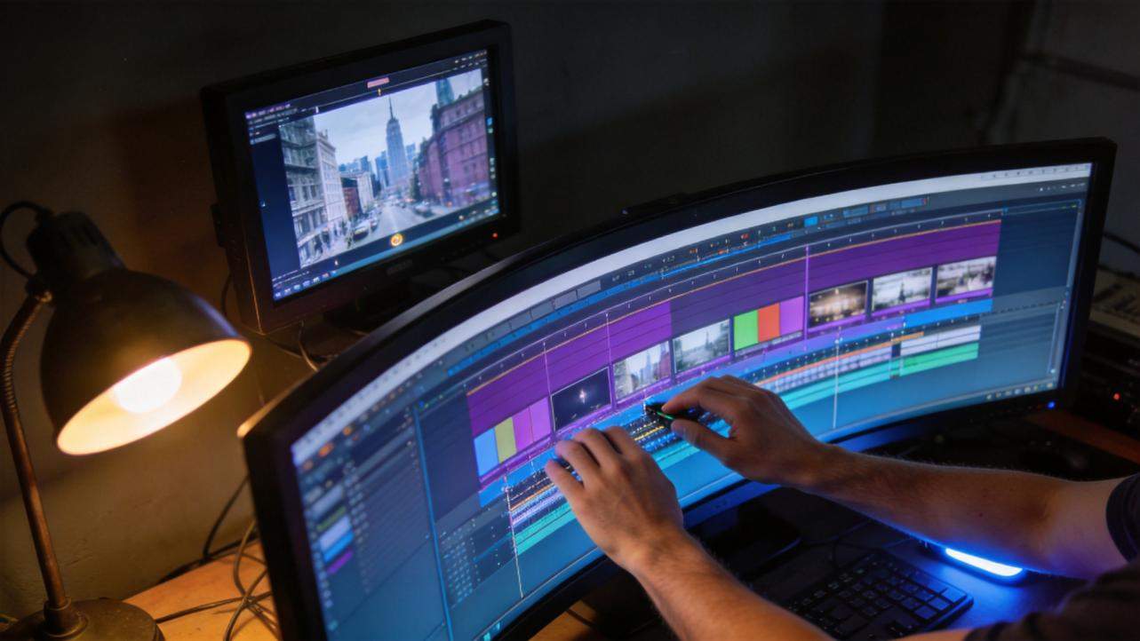 Hands editing a video timeline on a curved monitor beside a desk lamp