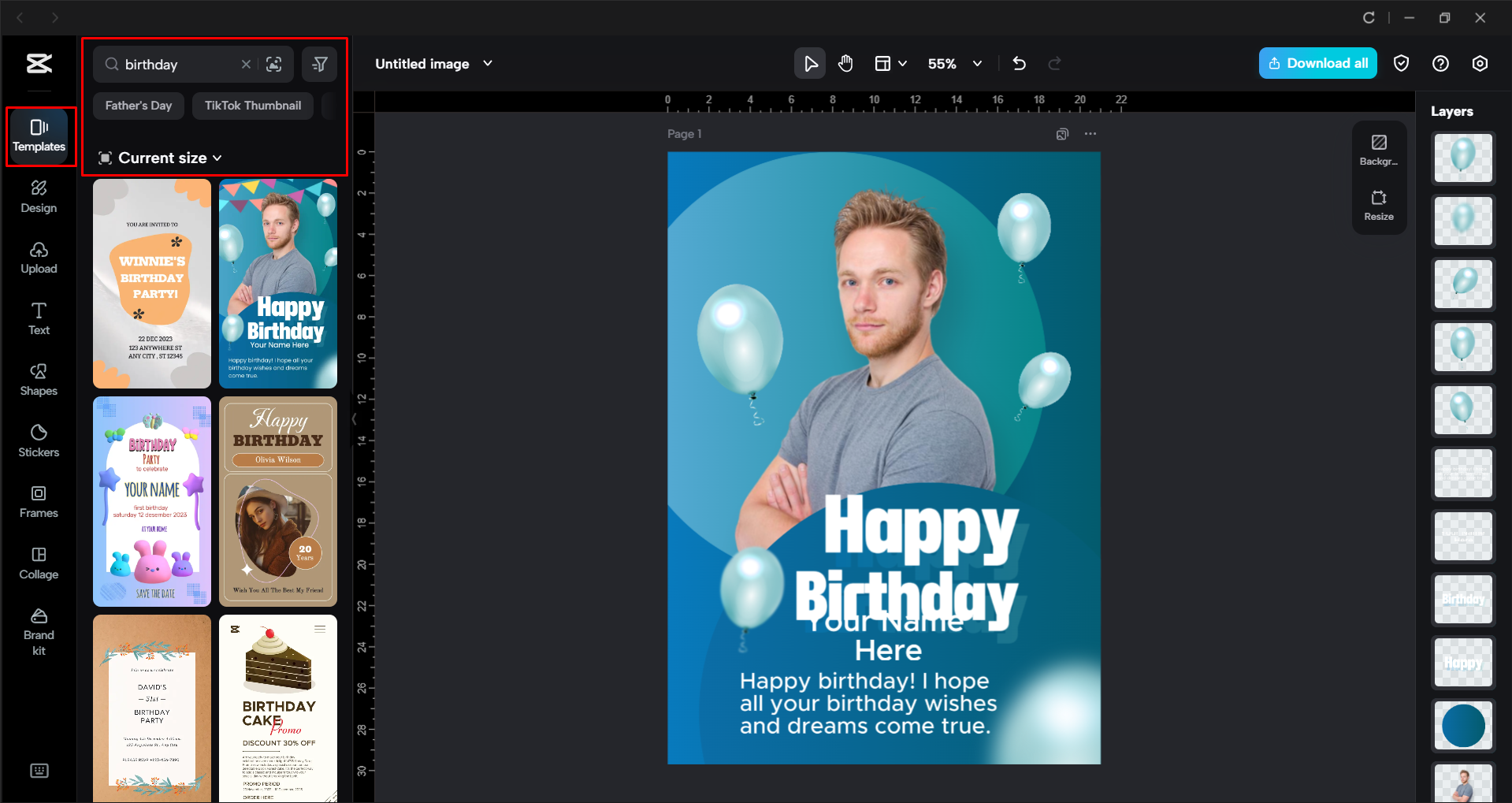 Выбор шаблона флаера дня рождения в настольном видеоредакторе CapCut