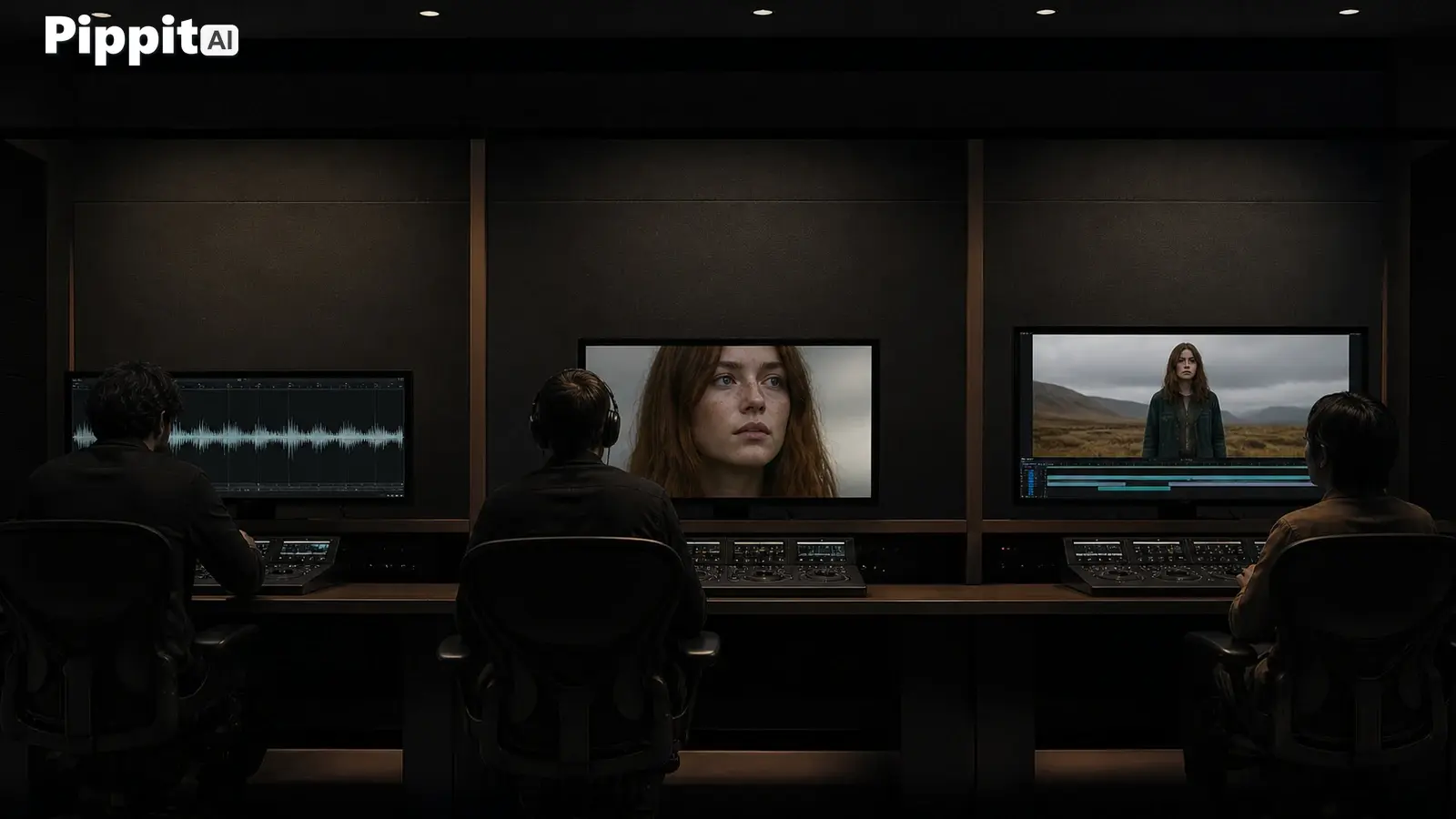 Editors watch audio waveforms and an AI avatar on three monitors in a dark studio