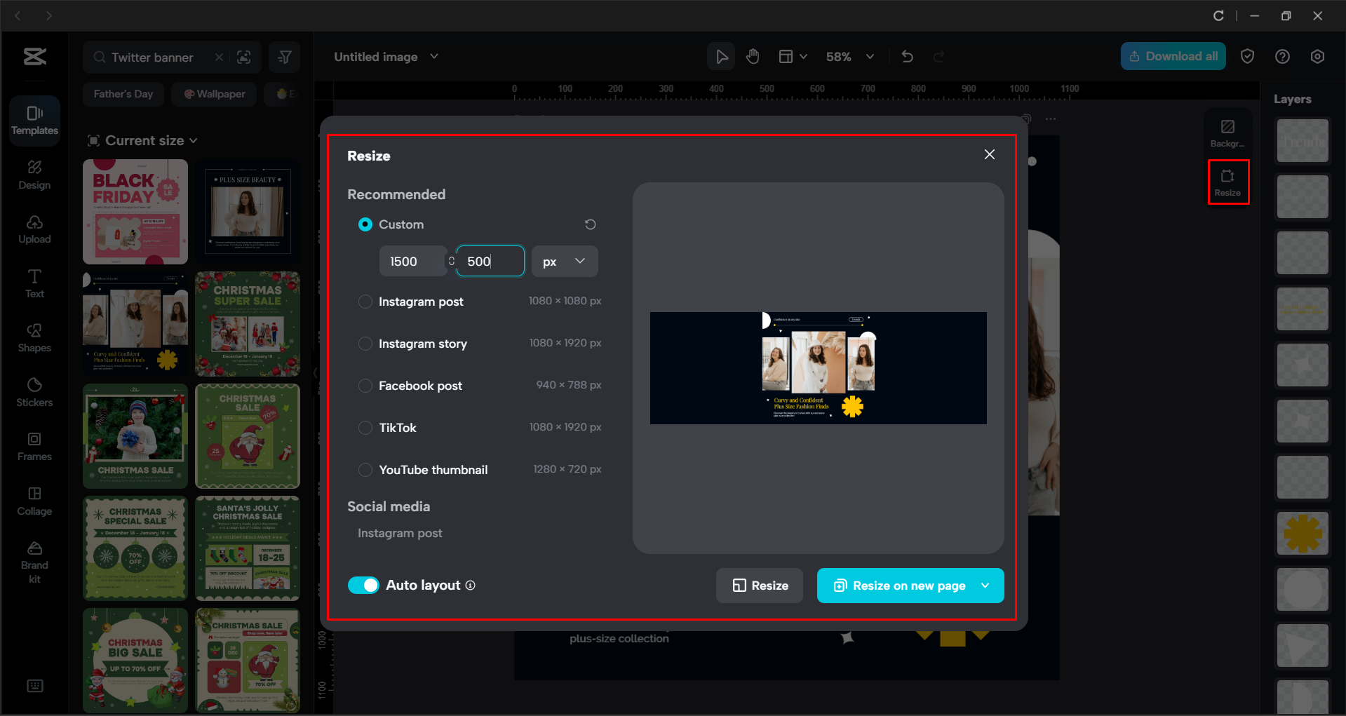 Ajustando as dimensões do banner no editor de vídeo para desktop CapCut