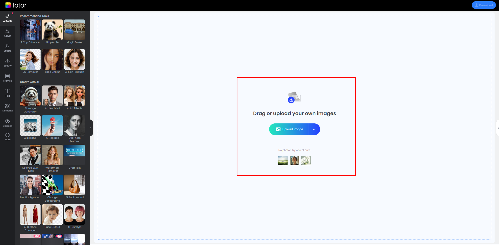 Hochladen eines Bildes in den Fotor-Online-Fotoeditor
