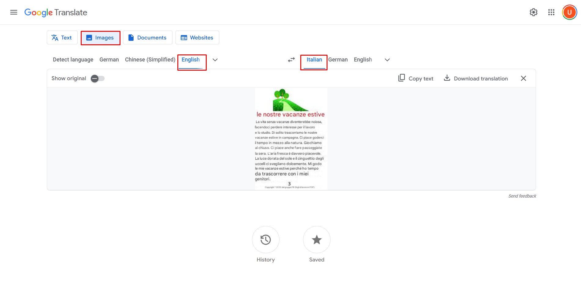 Converting an English image to Italian using Google Translate