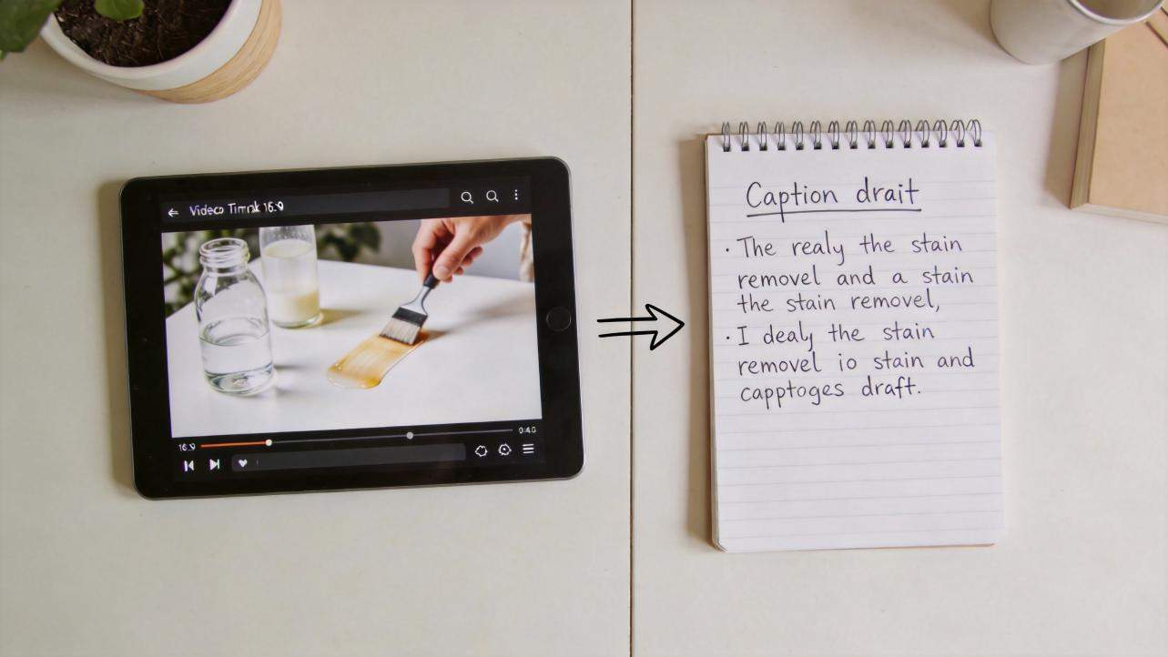 Tablet playing a video beside a notebook labeled caption draft, with an arrow pointing to the notes