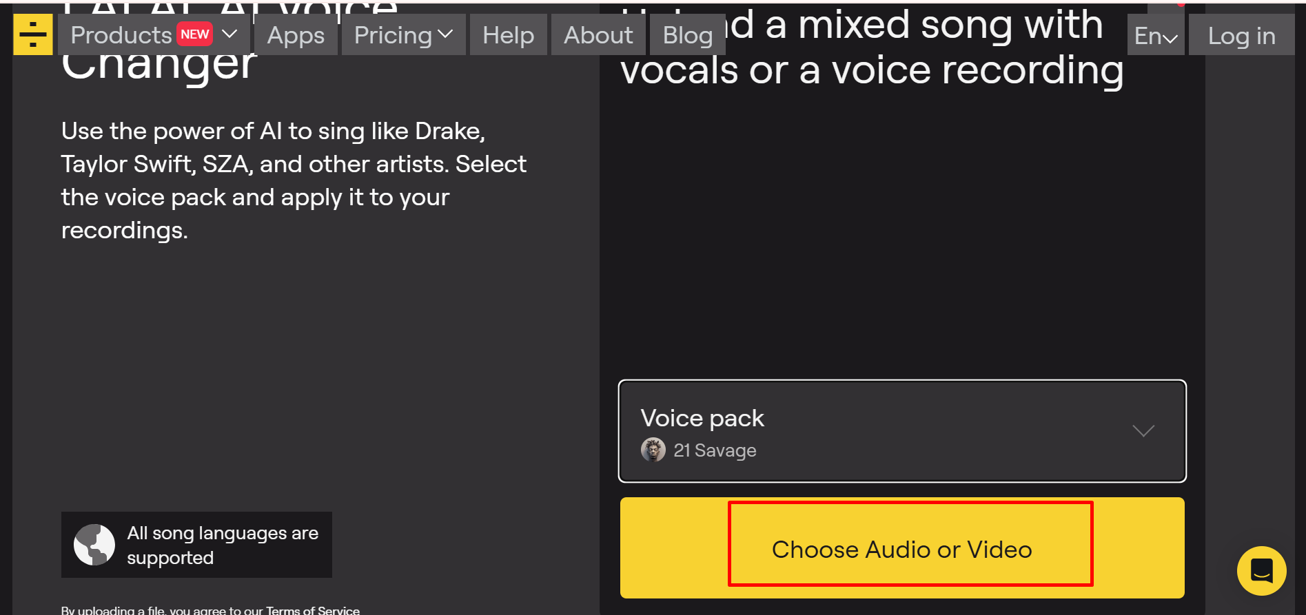 Choosing audio or video in the LALAL.AI vocal remover