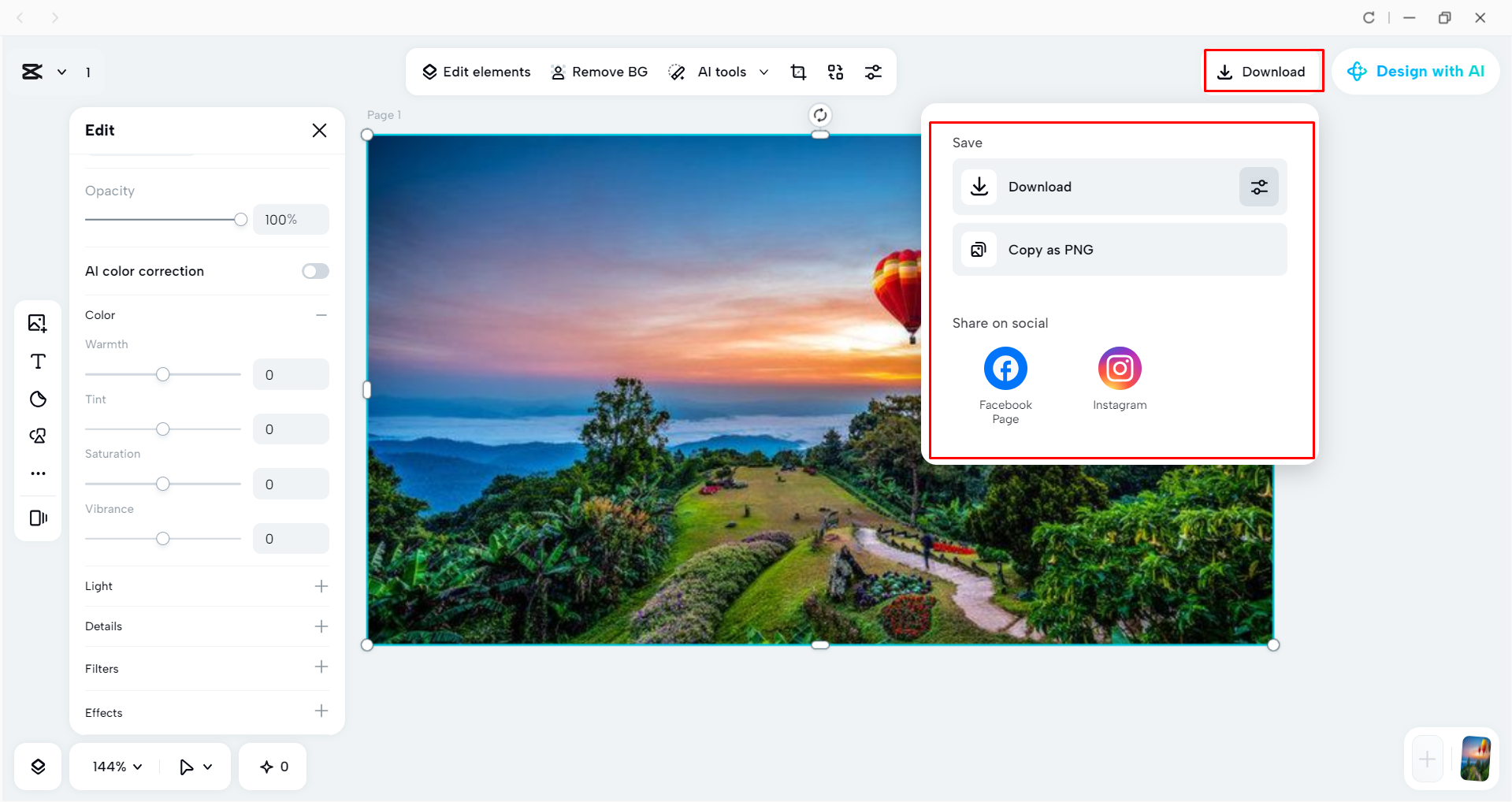 Downloading the image from the CapCut desktop video editor