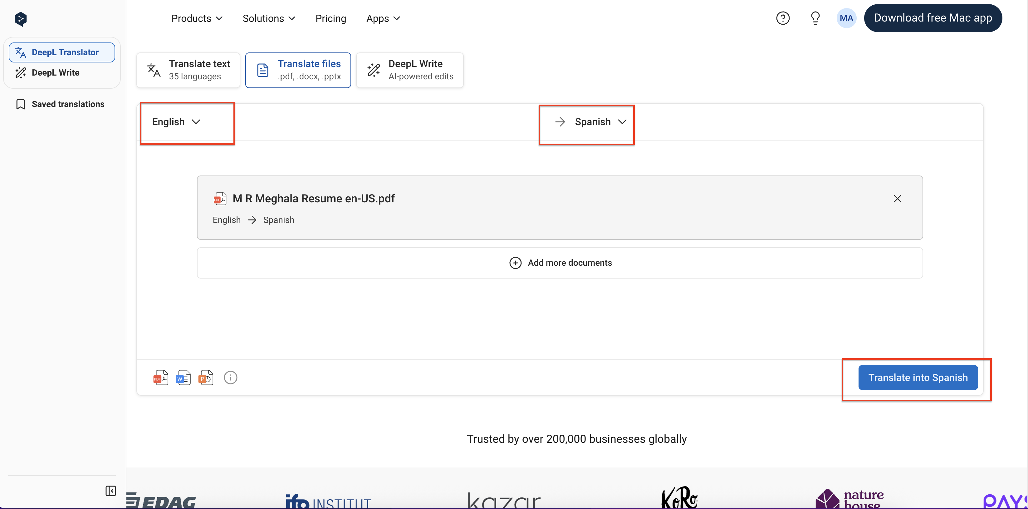 Choose source and target languages