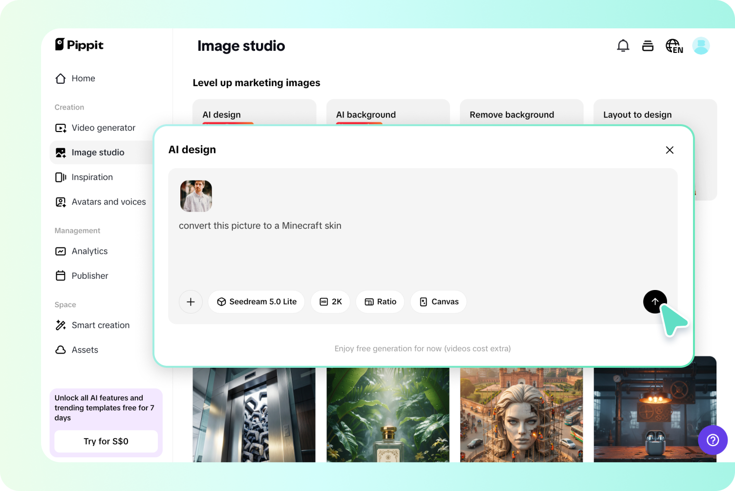 AI design dialog with an uploaded portrait and Minecraft skin prompt