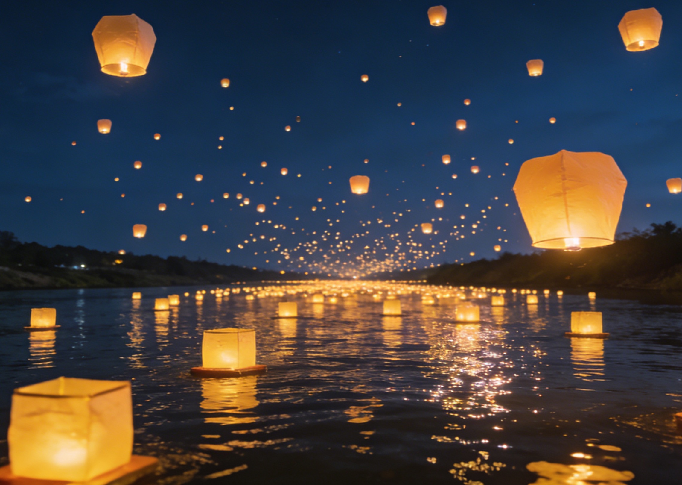 เทศกาลโคมไฟลอยน้ำลึกลับเหนือแม่น้ำอันเงียบสงบในเวลากลางคืน