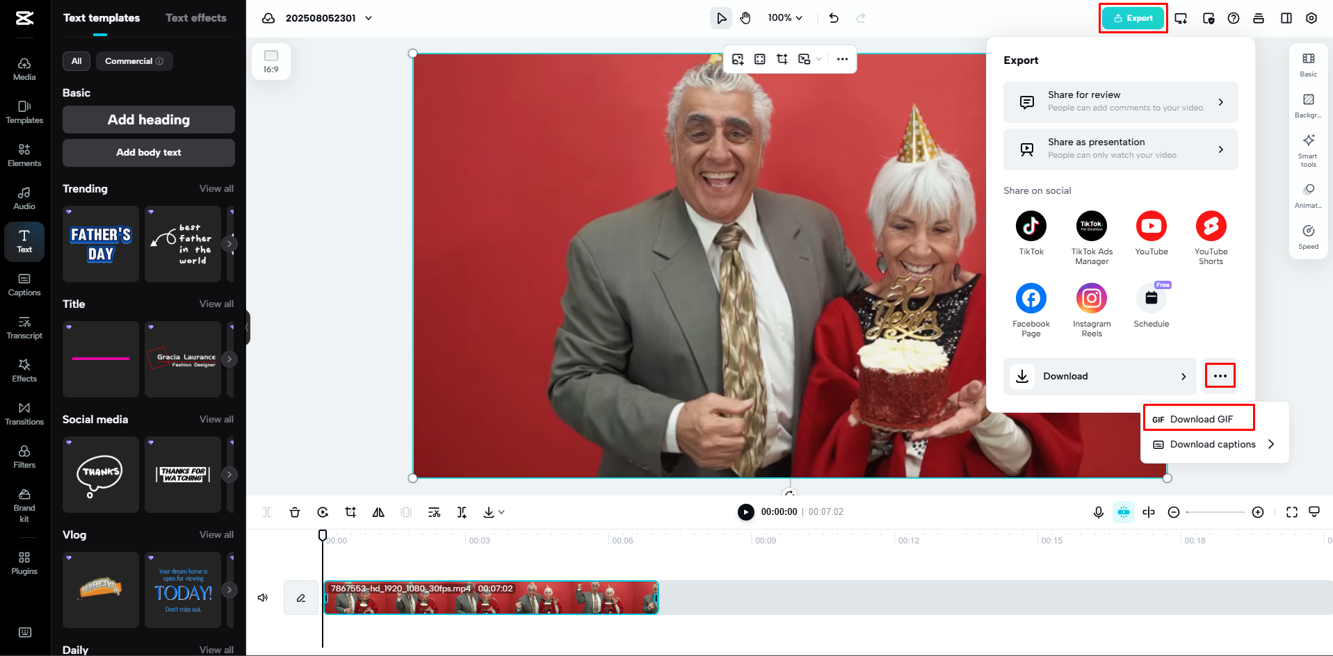 Downloading the GIF from CapCut Web
