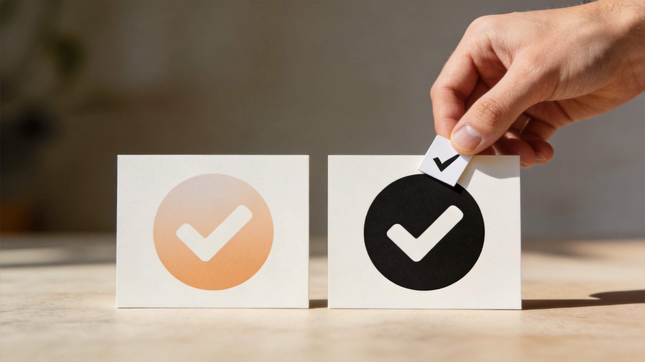 Hand placing a small checkmark tile over a black circle icon beside a faded orange checkmark icon