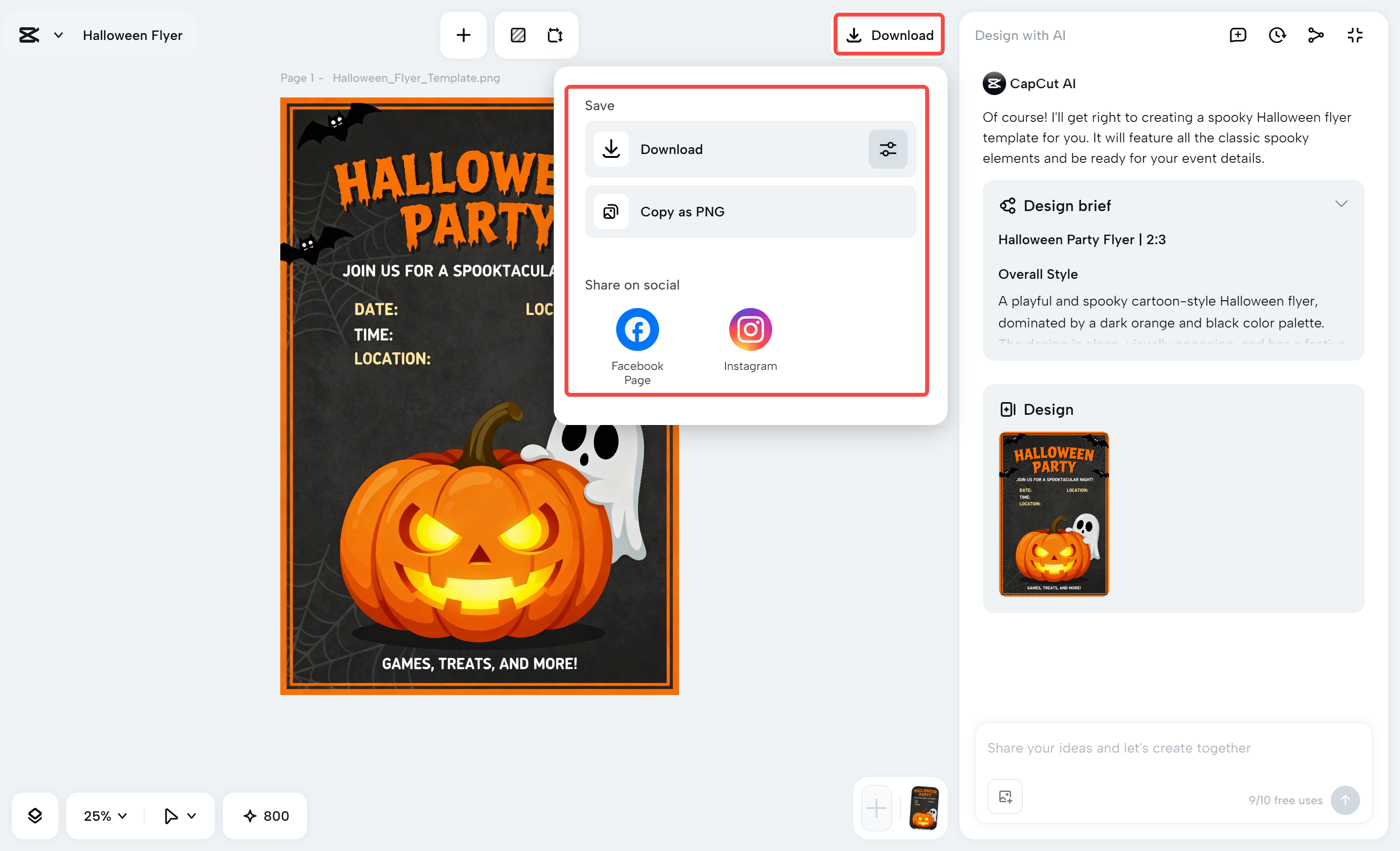 Downloading the flyer from the CapCut desktop video editor