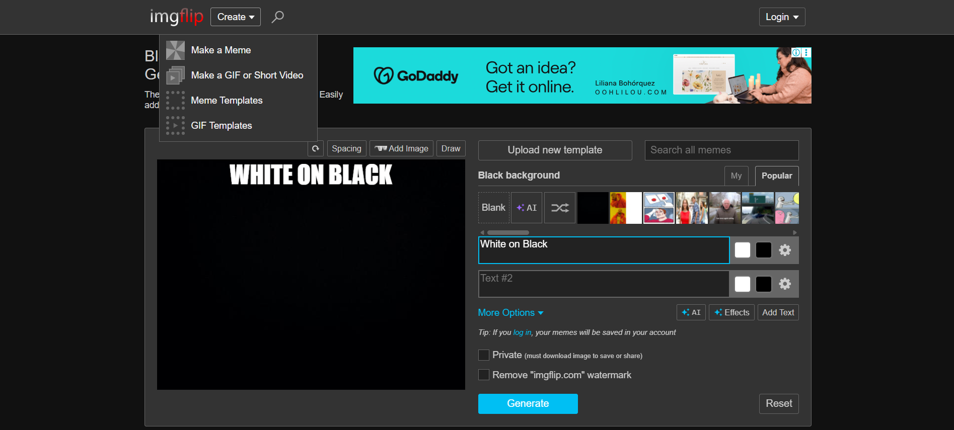 Interface of Imgflip - an efficient white text on black background generator