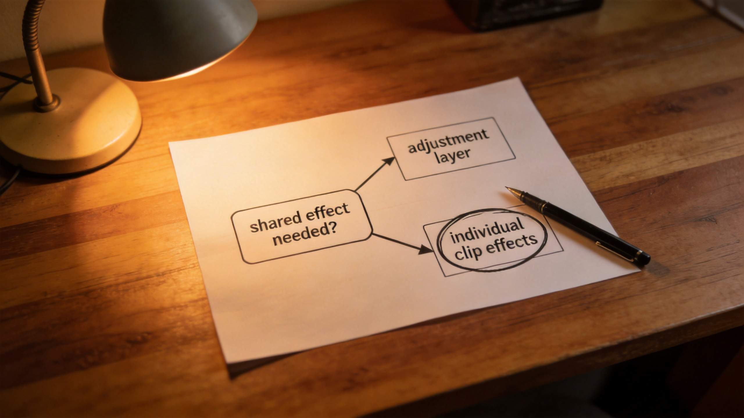 Paper flowchart comparing shared effect needed, adjustment layer, and individual clip effects
