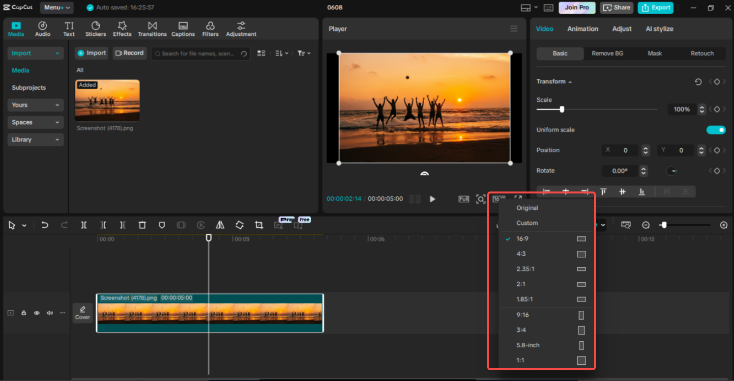 Using the "Ratio" option in CapCut